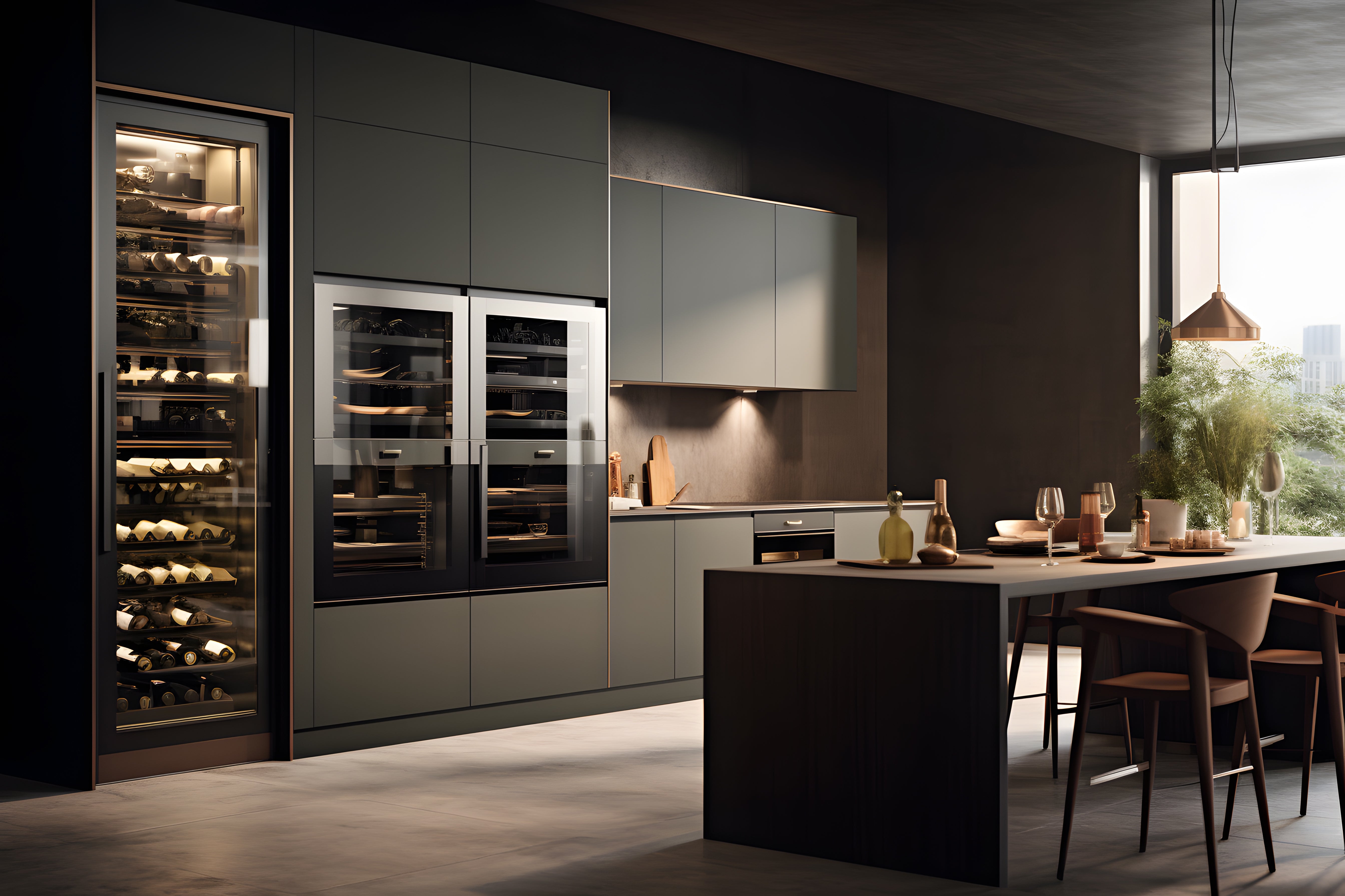 Elegant dining table setup with a background display of wine bottles, wine fridges, and wine cellar storage.